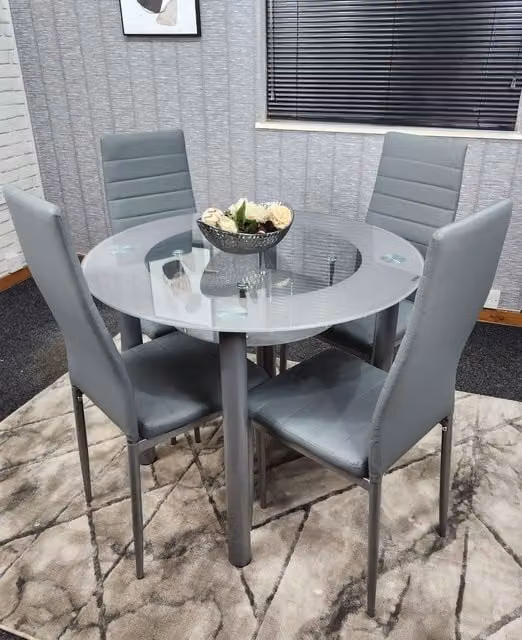 Kosy Koala Round Glass Dining Table with Storage Shelf and 4 Grey Metal Chairs Set – 1