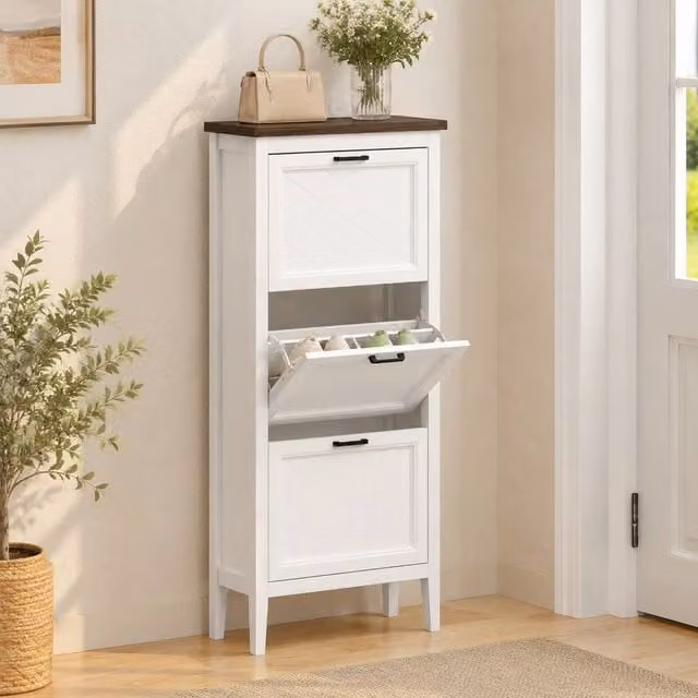 STILVORA Modern Shoe Cabinet with 3 Tilting Compartments in White and Brown
