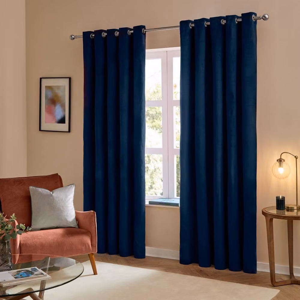 Furn Blue Velvet Room Darkening Eyelet Curtain Pair, Width: 229 cm, Drop: 229 cm – 2