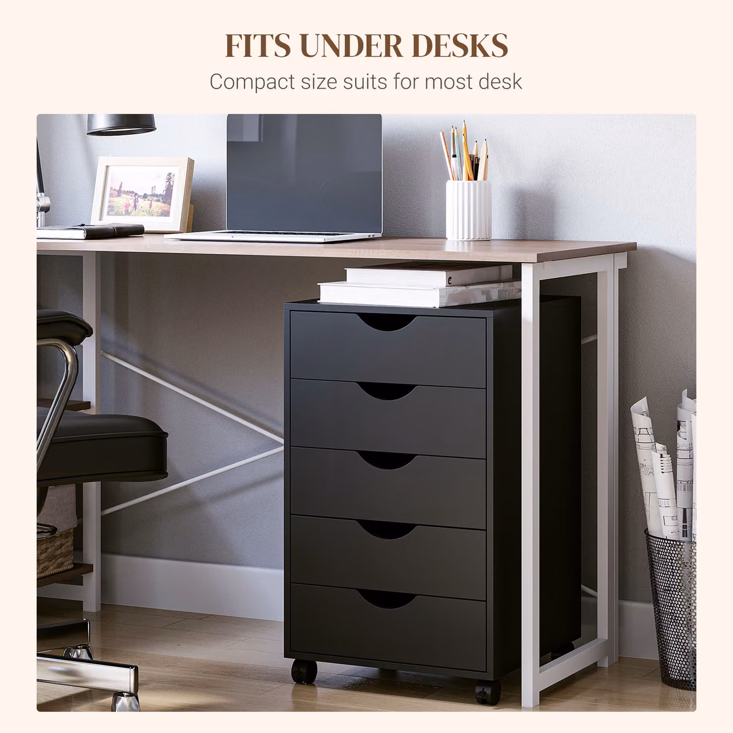 HOMCOM Modern 5 Drawer Mobile Filing Cabinet with Lock and Castors in Black – 5