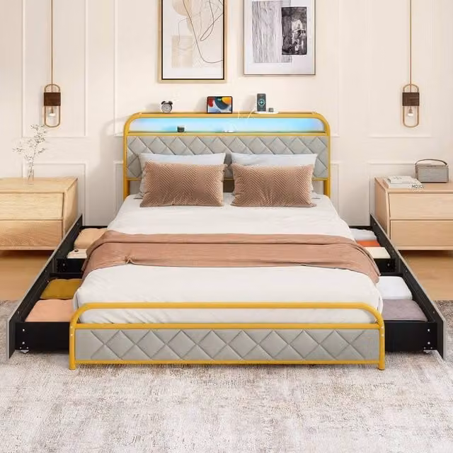 KORVIXA King Size Modern Faux Leather Upholstered Platform Bed with Drawers, USB Charging Port, Bedside Shelf and Under-Bed Lighting in Gold