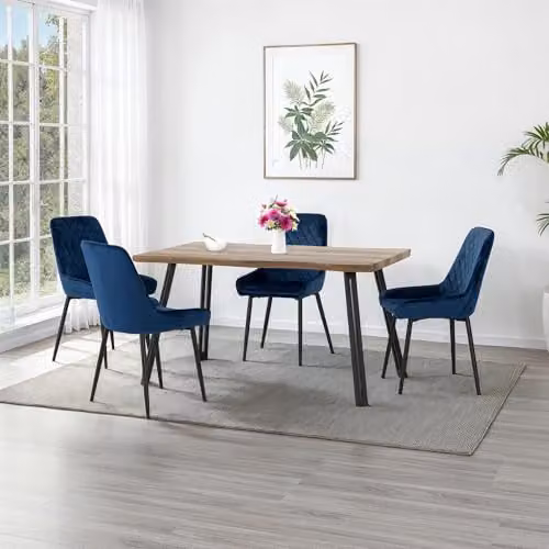 Seconique Quebec Wave Edge Dining Set with 4 Avery Blue Chairs in Oak Finish – 6