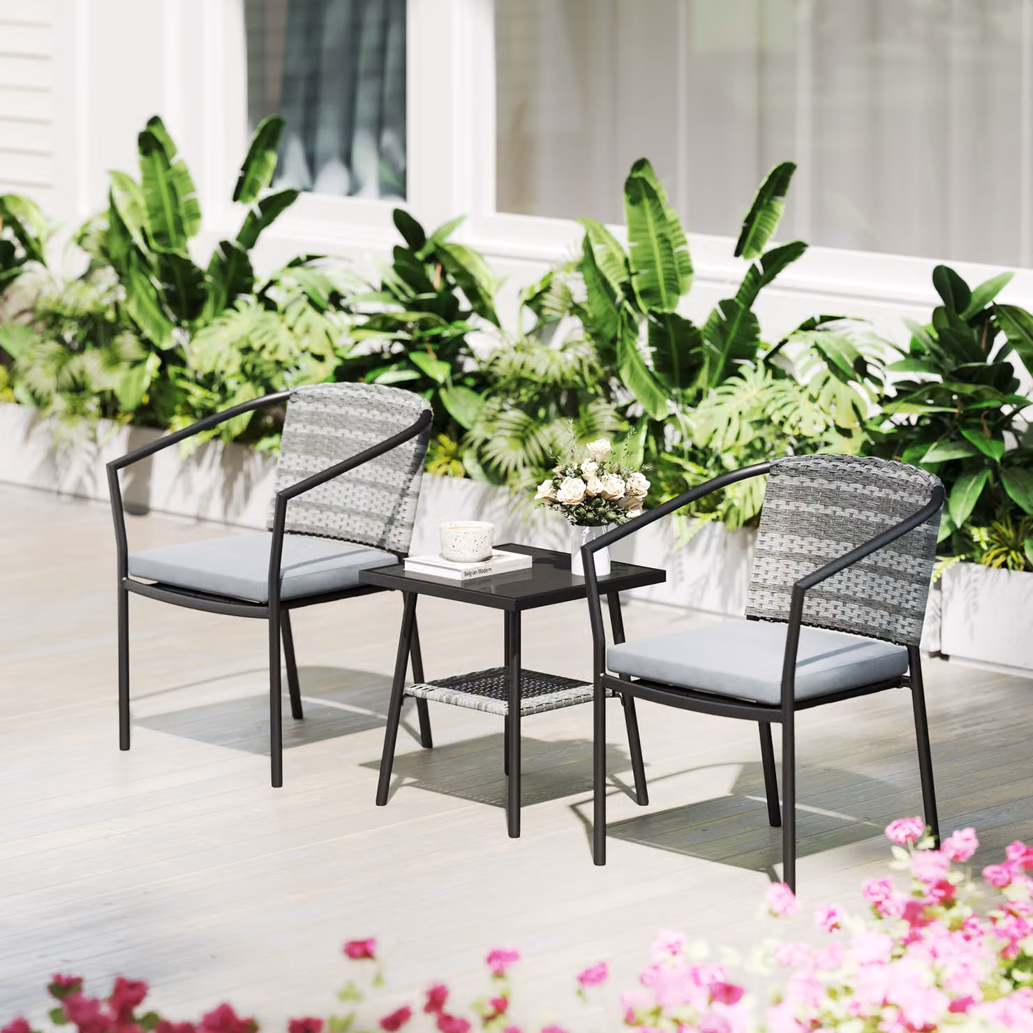Outsunny 3 Piece Rattan Bistro Set with Cushions and Glass Top Coffee Table in Grey – 5