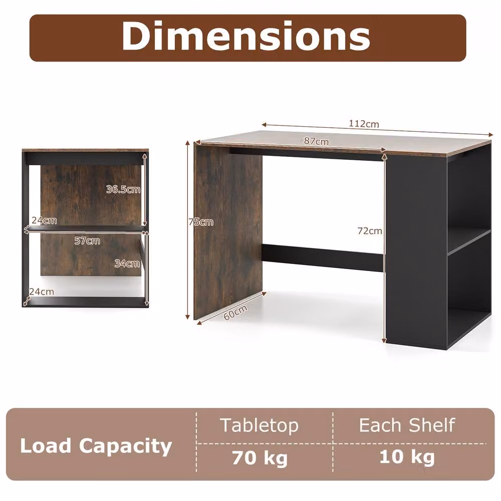 Gymax Wooden Writing Desk with Two Open Shelves and Legroom in Brown – 2