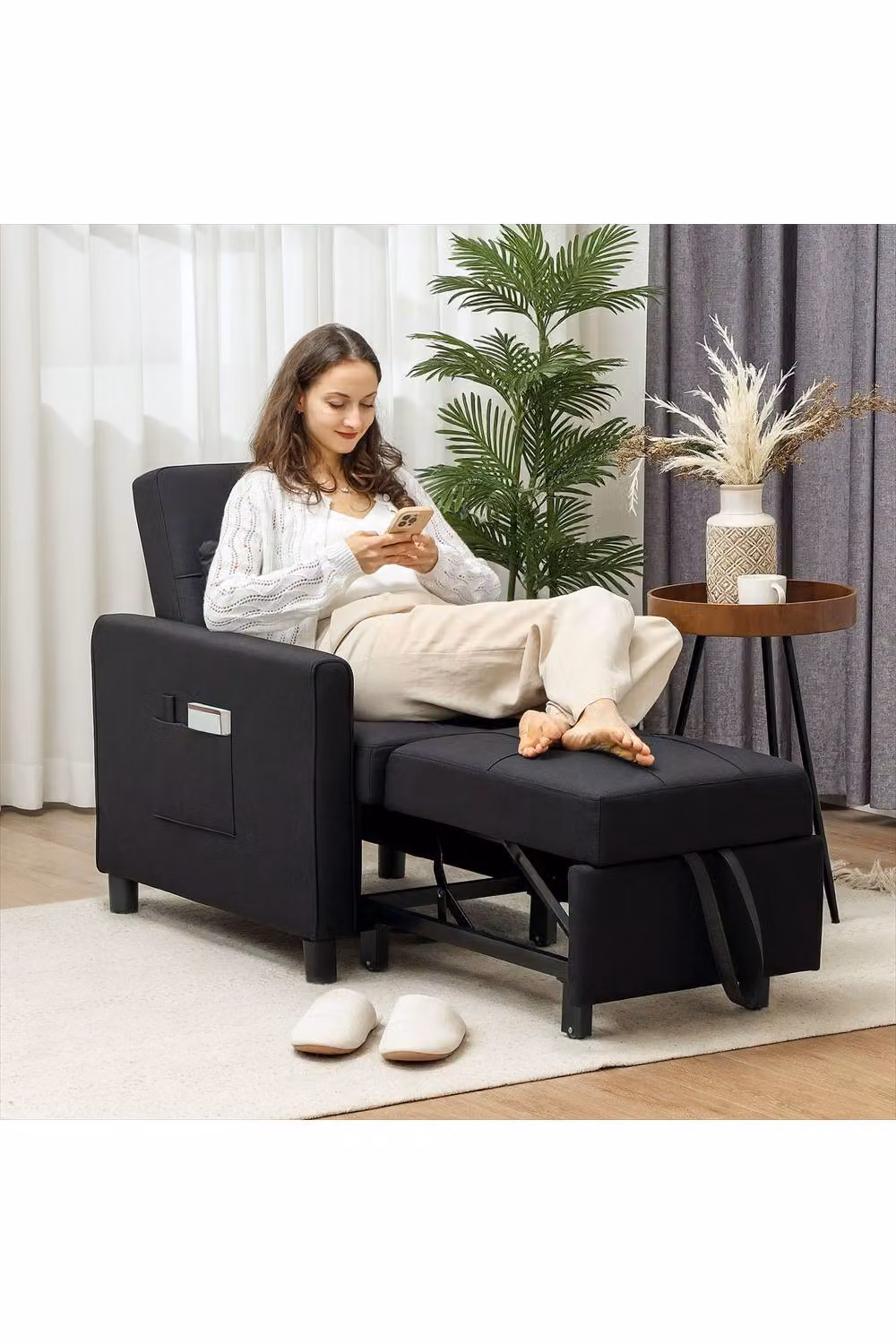 ERGOVEXA Black Linen-Look Single Chair Bed with Armrests and Spring Core – 3