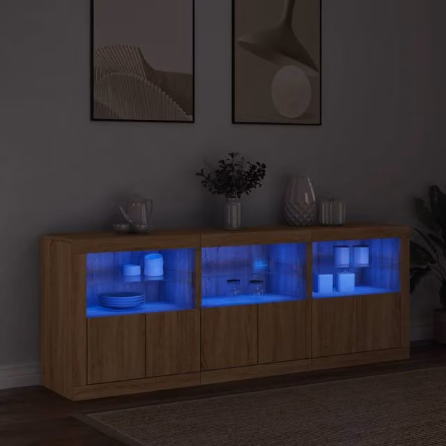 Berkfield Home Sonoma Oak Sideboard with Integrated LED Lights in Light Tan, W: 181.5 cm, D: 37 cm, H: 67 cm
