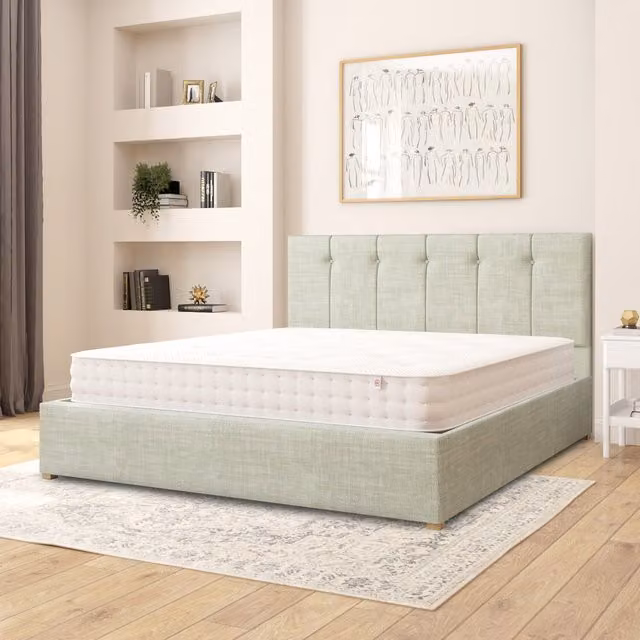 Aspire Hepburn Upholstered Ottoman Storage Bed in Green Cotton Fabric, Superking, W: 200 cm x D: 200 cm