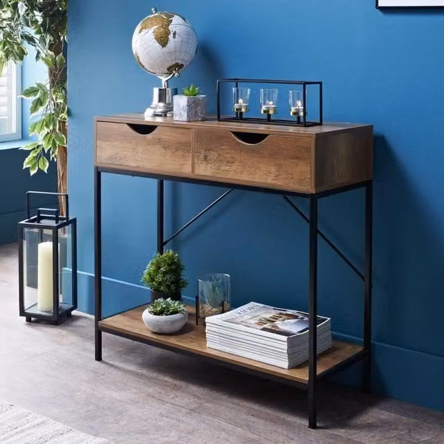 SPOT ON DEALZ Slim Console Table with Drawers in Walnut, W/D/H: 80 x 30 x 75 cm