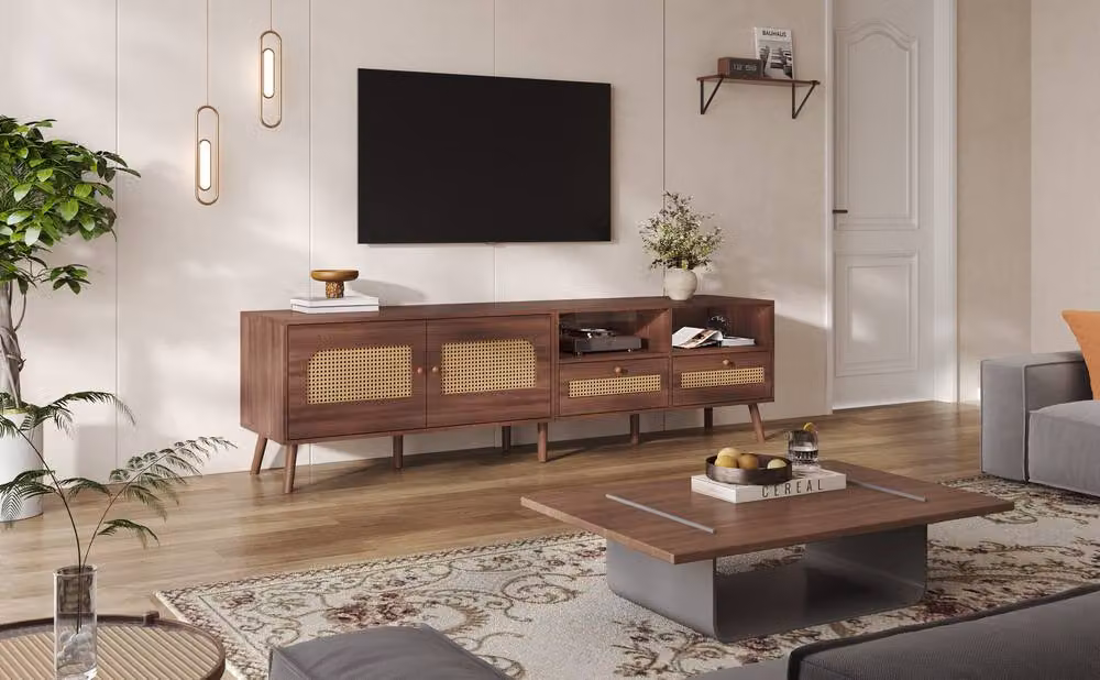 ModernLuxe Modern TV Cabinet with Rattan Design, 2 Drawers and 2 Doors in Brown, W/D/H: 200 x 49.5 x 49.5 cm – 6