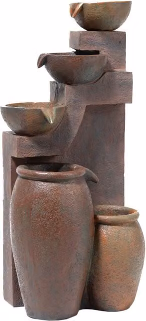 Primrose Quito 4 Tier Cascading Bowls and Jars Illuminated Water Feature in Brown