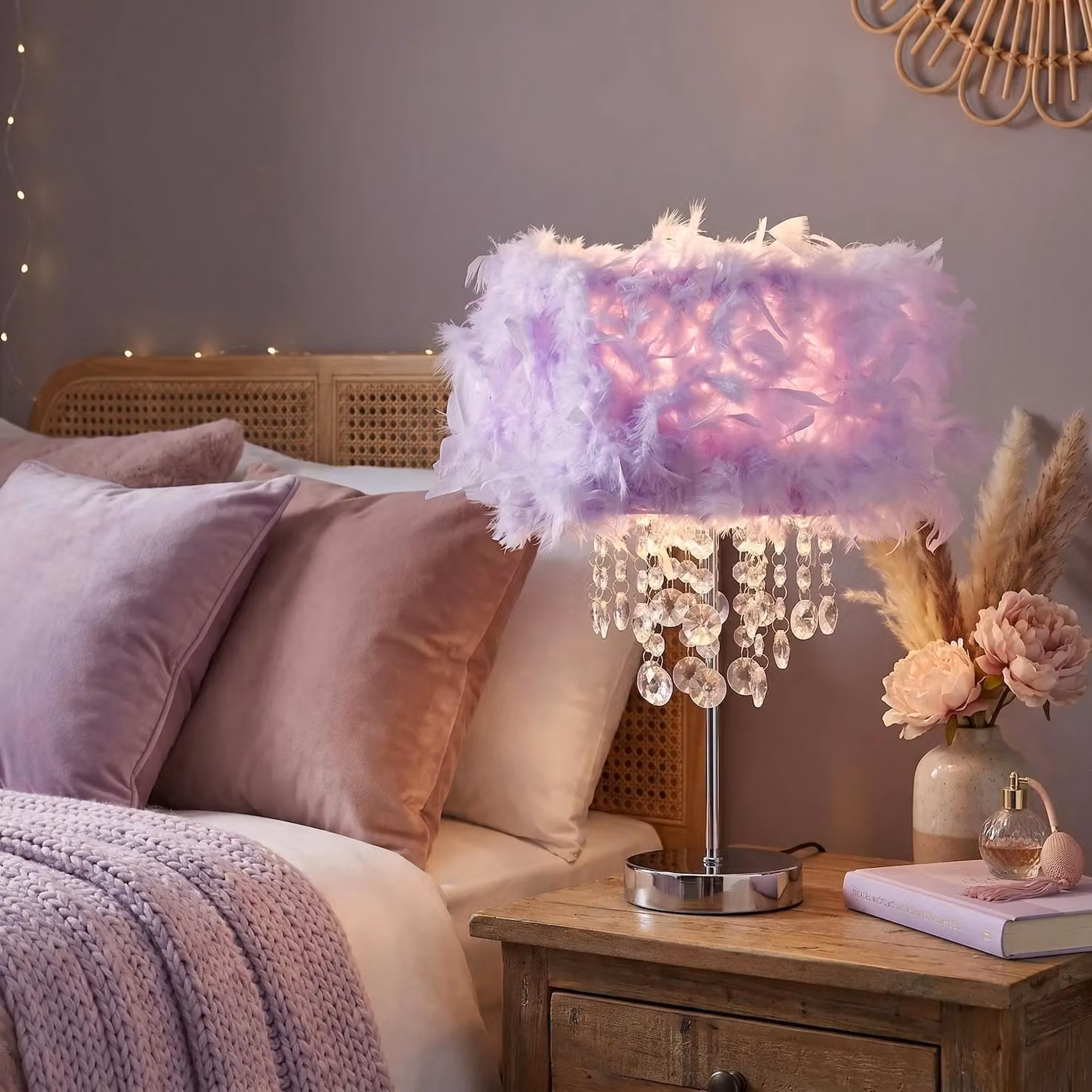 Happy Homewares Modern Feather Table Lamp with Waterfall Acrylic Droplets in Lilac, Height: 43.18 cm – 2