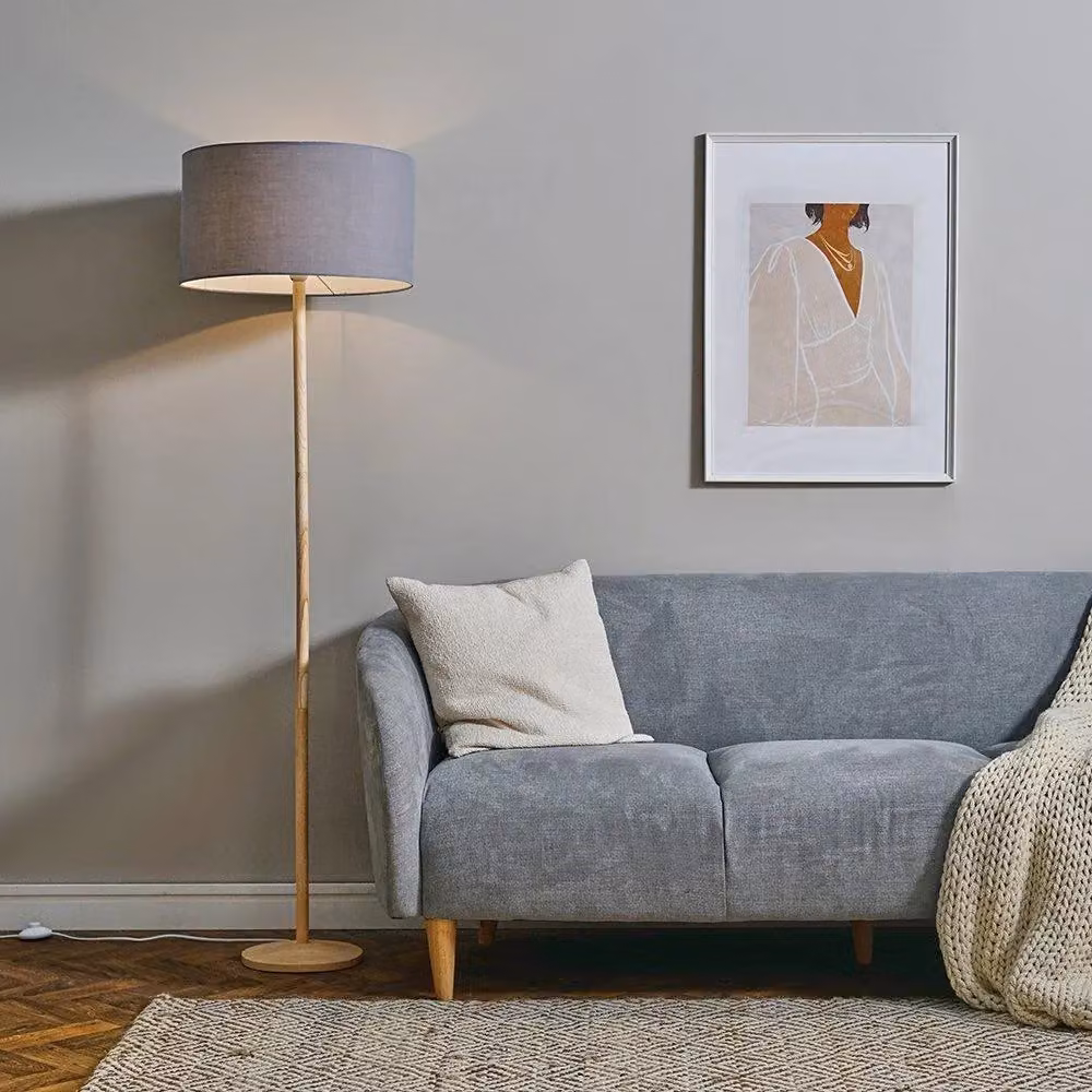 ValueLights Triston Modern Wood Floor Lamp with Fabric Cylinder Shade in Brown or Grey – 2