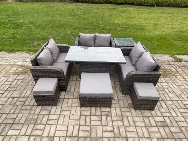 Fimous 3 Piece Rattan Garden Furniture Set in Dark Grey with Adjustable Lifting Dining Table, Side Table and 3 Footstools