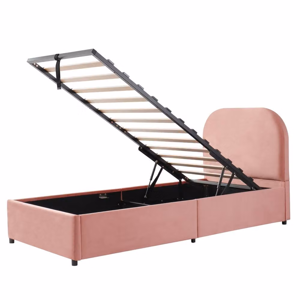 ModernLuxe Pink Velvet Upholstered Single Kids Ottoman Bed with Headboard – 3