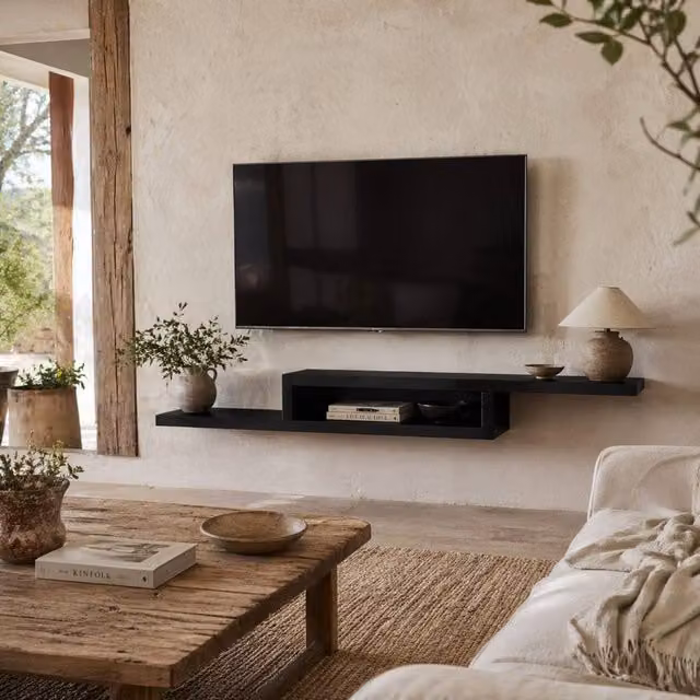 Wyld Haus Mika Mael Black Wall Mounted Floating TV Unit with Open Shelving, W: 152.4 cm, H: 29.8 cm, D: 21.0 cm – 1
