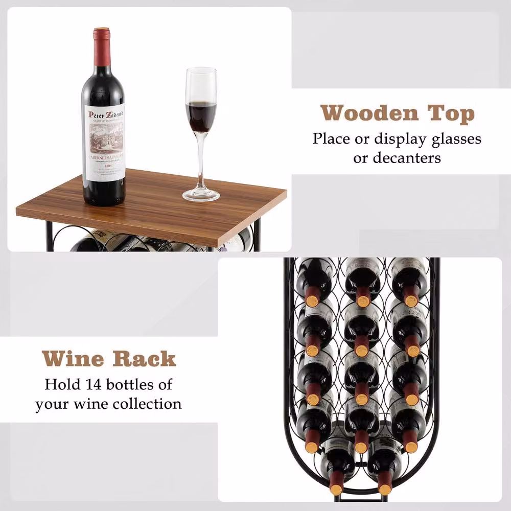 Gymax Rustic Black Wine Rack with Wheels, 14 Bottle Storage Organiser – 6