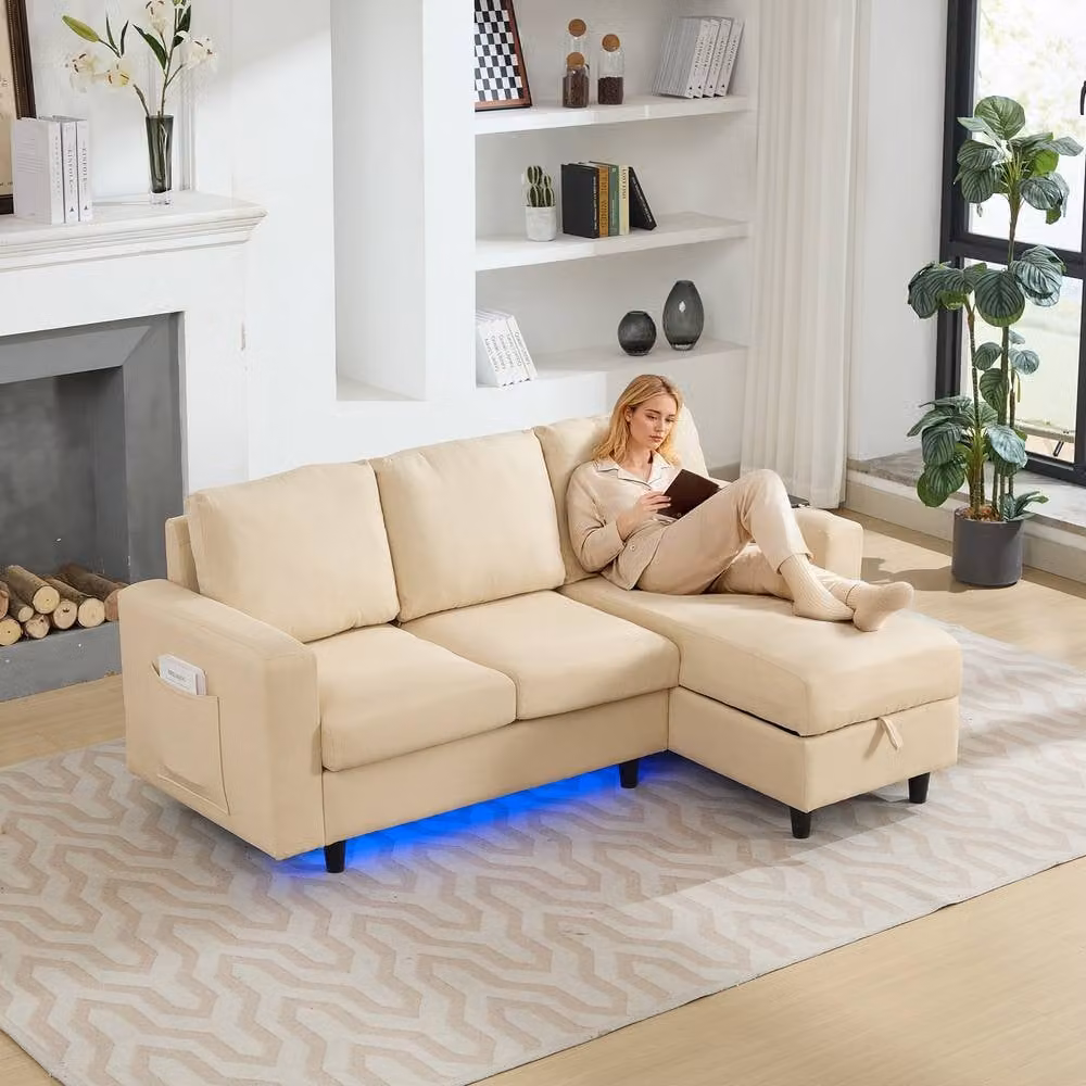 Matteo L-Shaped 3 Seater Sofa Bed with Storage, USB Charging and LED Lighting in Beige – 2