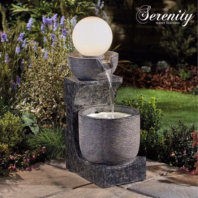 Serenity Round Bowl Water Fountain with Globe LED Light in Grey