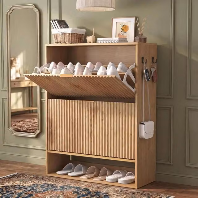 VOGREX Modern Fluted Shoe Cabinet in Oak with Tilting Compartments and Open Shelving, Brown, W/D/H: 80 x 30 x 102 cm – 1