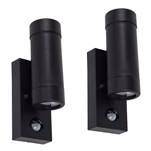 MiniSun Set of 2 Modern Black Up/Down Outdoor Wall Lights with PIR Motion Sensor and 3W Warm White LED Bulbs