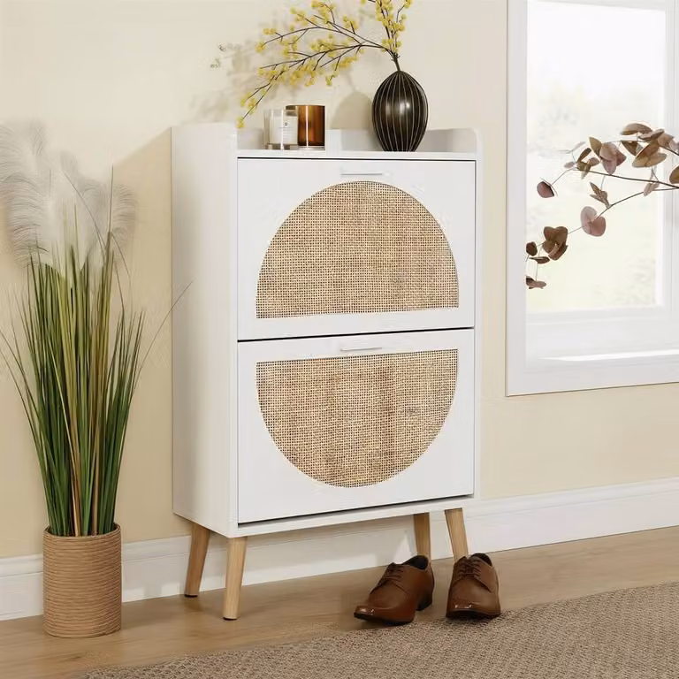Home Source 2 Door Rattan Shoe Storage Cabinet in White