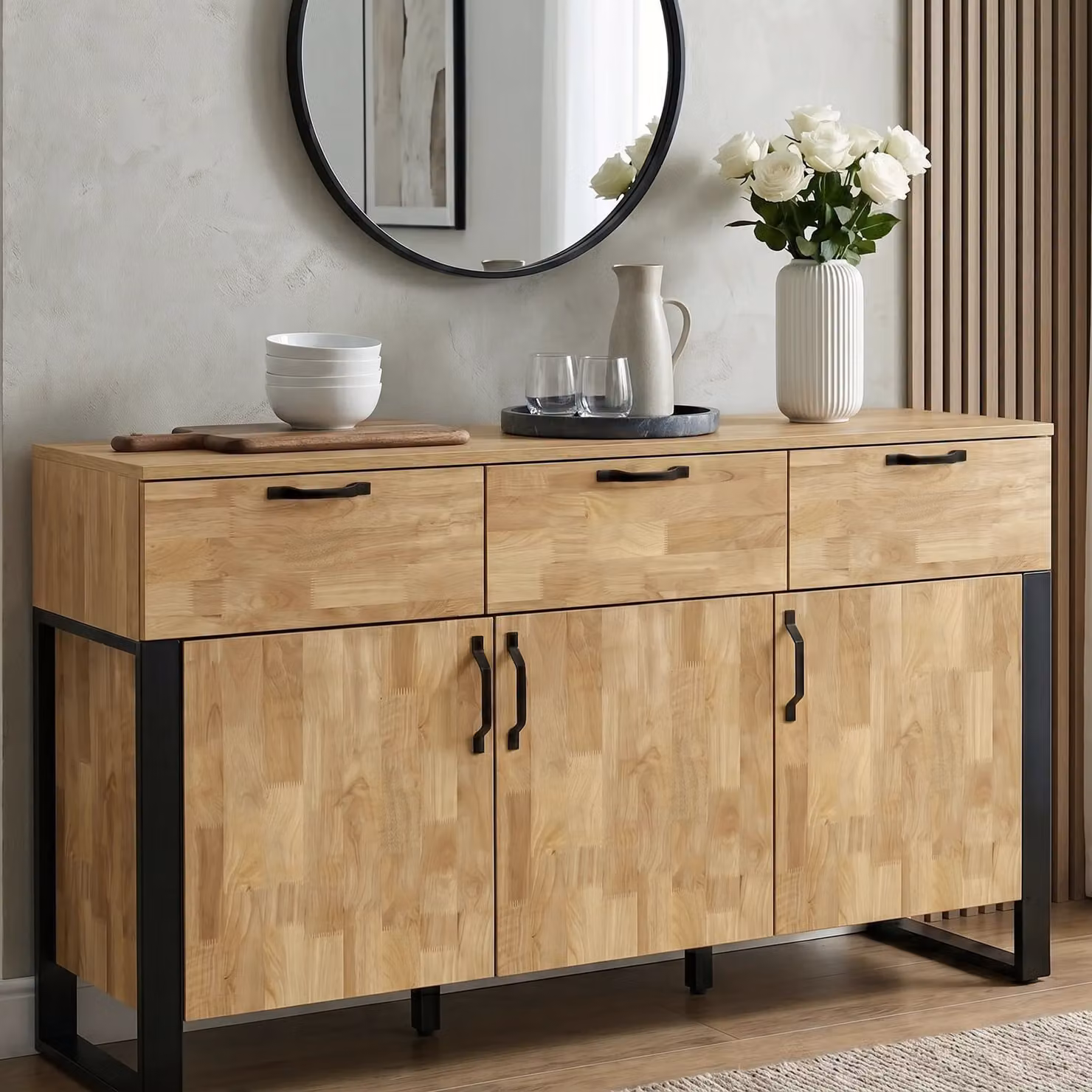 Ironmere Industrial Mango Wood Effect Sideboard Cabinet with 3 Doors and 3 Drawers in Brown and Black, W/D/H: 150 x 40 x 80 cm