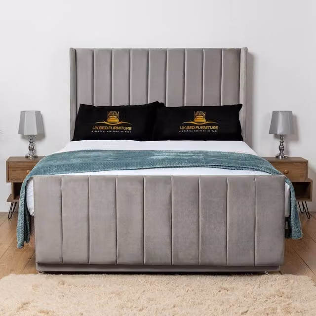 UK Bed Furniture Seoul Wingback Divan Bed Base with 54 Inch Headboard in Grey Velvet, Size: 200 x 200 cm