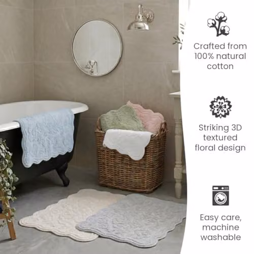 Allure Bath Fashions Gracie Jacquard Scalloped Bath Mat, 100% Cotton Vintage Floral Bathroom Rug, Cream – 3