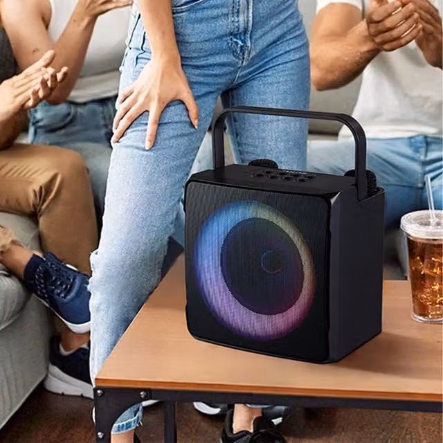 Komore Bluetooth 5.0 Karaoke Speaker with 2 Microphones, Black, H 16 cm x W 16 cm x D 16 cm