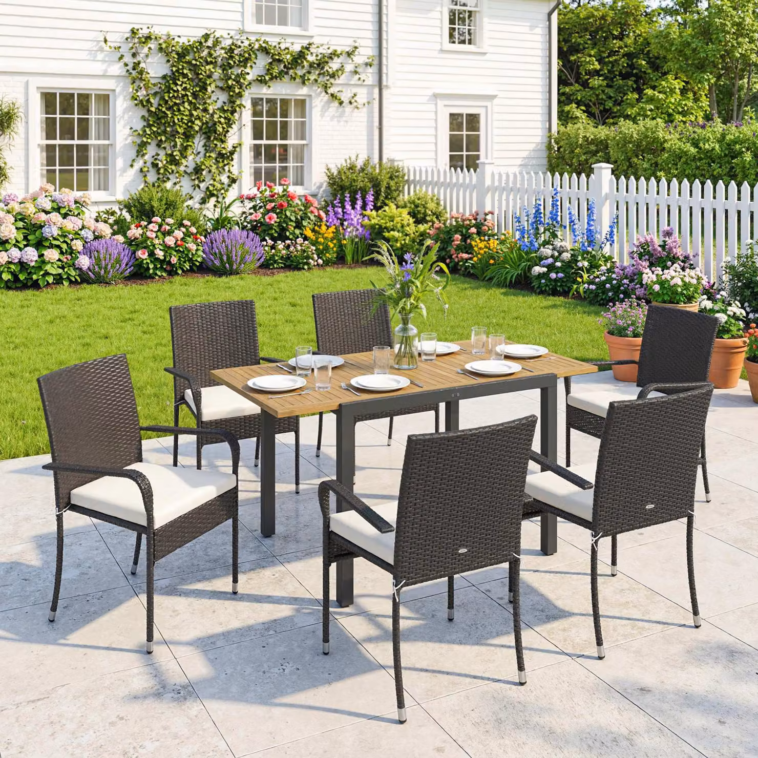 Outsunny 7 Piece Rattan Garden Furniture Set with Extendable Acacia Wood Tabletop and 6 Stackable Chairs – 2