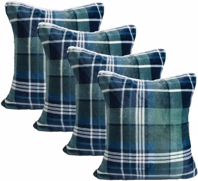 Pack of 4 Hudson Green Flannel Checked Square Cushion Covers