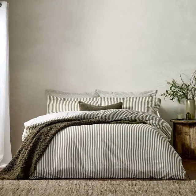 Yard Hebden Striped Cotton Duvet Cover and Pillowcase Set, Green, W: 180 cm x D: 200 cm – 1