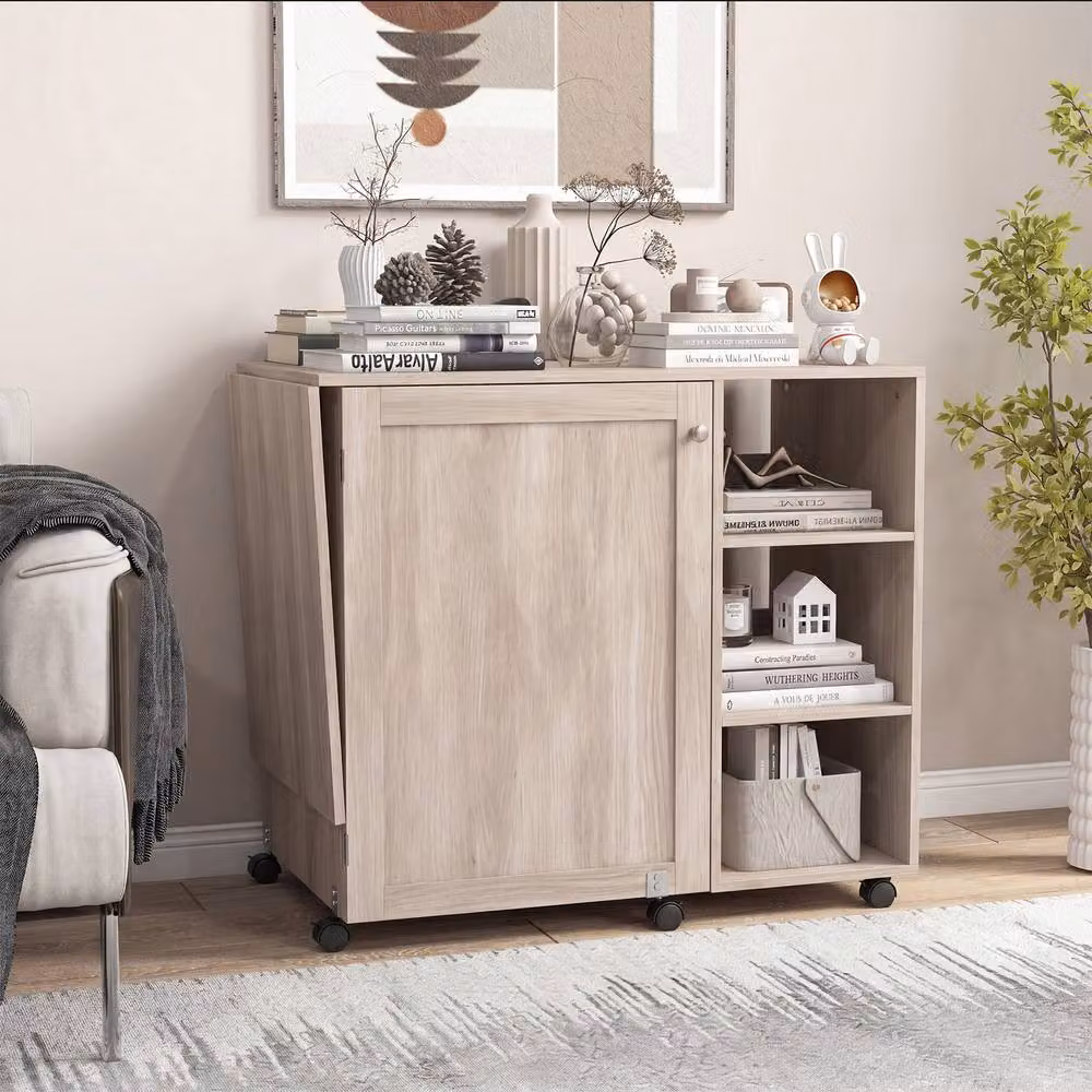 Costway Folding Sewing Table and Rolling Craft Station with 18 Pegs in Natural Wood and Beige – 5