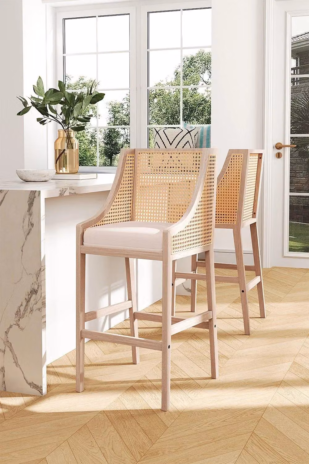 H&O Direct Set of 2 Beige Rattan Bar Stools with Backrests and Armrests – 3