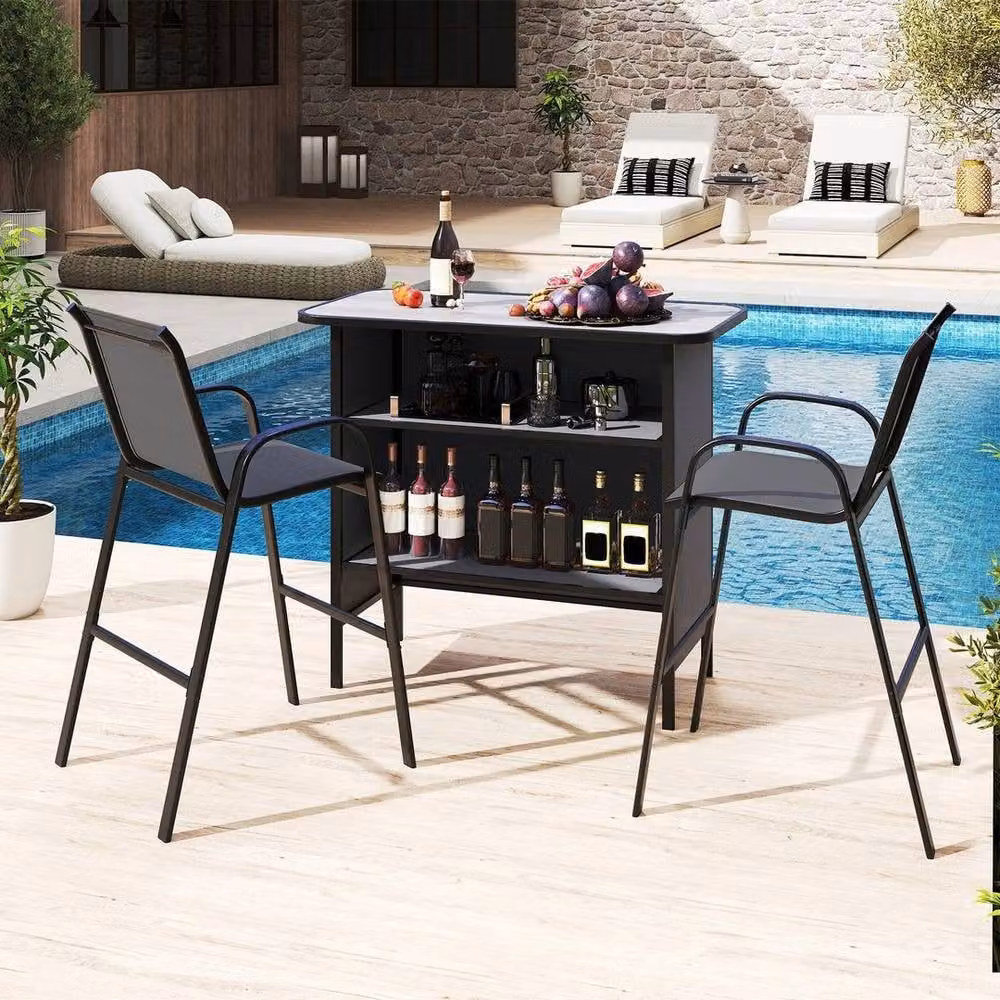 Hinsinc Grey 3-Piece Modern Patio Bar Height Table and Chairs Set – 3
