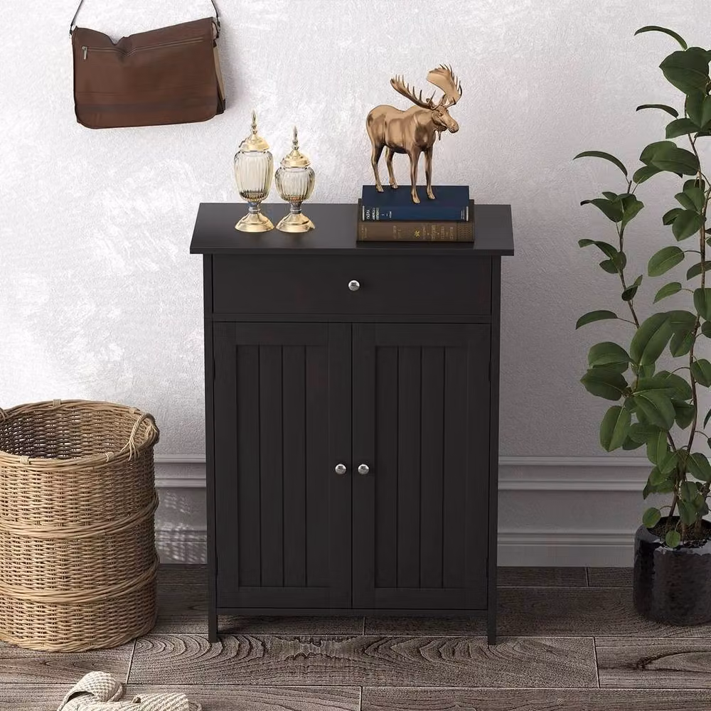 VOGREX Black Matt Freestanding Bathroom Floor Cabinet with 2 Hinged Doors and Internal Drawers and Shelves – 3