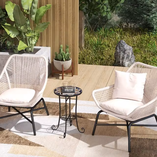 Outsunny Round Mosaic Garden Side Table with Shelf, Orange