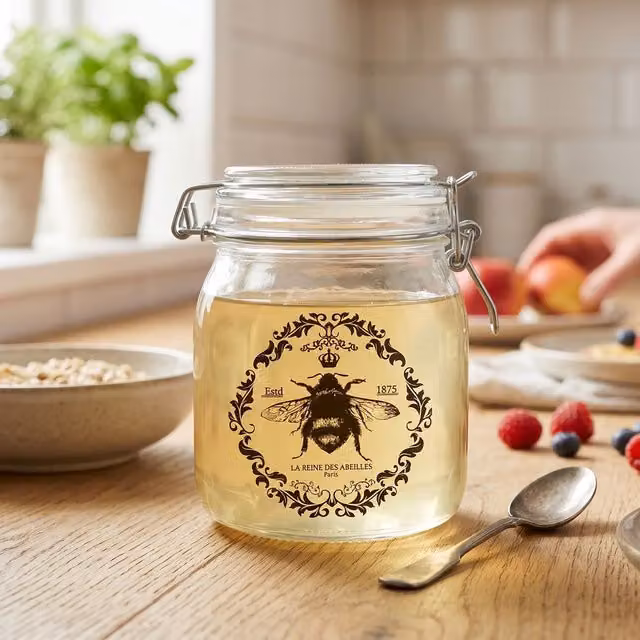 Orsina Queen Bee Glass Storage Jar with Clip Top Lid, 1000ml, Transparent with Gold and Brown Bee Motif – 2