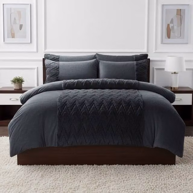 Snug City Zig Zag 3D Teddy Fleece Duvet Cover Set with Pillowcases, Grey, W: 180 cm, D: 200 cm – 1