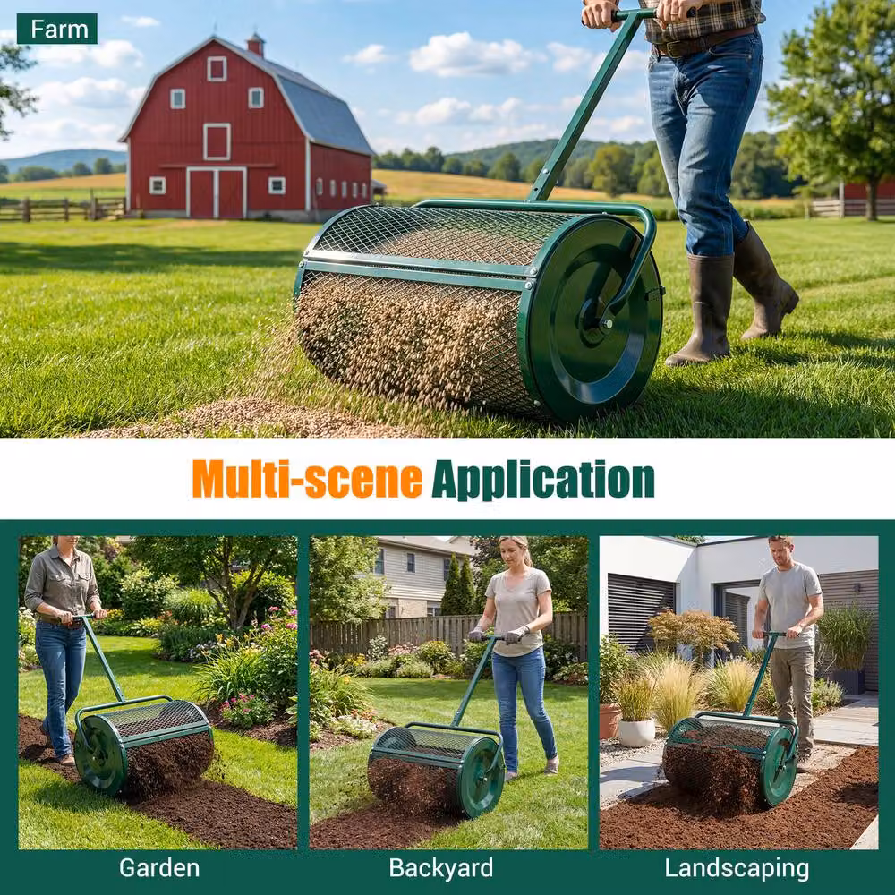 Costway Compost and Peat Moss Spreader Roller with Height-adjustable Handle, Green – 4