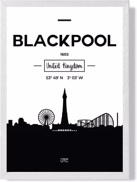 ARTZE Blackpool Black and White City Skyline Framed Print with White Frame, A2