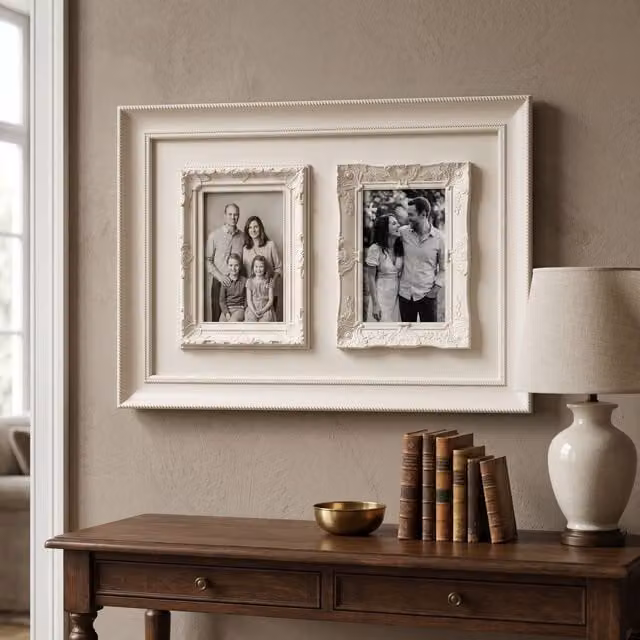 Orsina Black Meta Dual Photo Frame with Embossed Decorative Border and Glass Panes in Cream and Beige