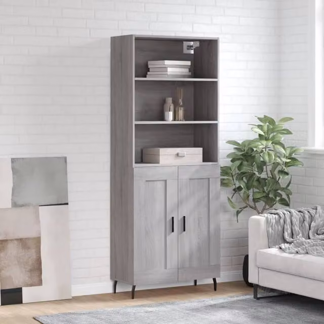 Berkfield Home Modern Grey Highboard with Hinged Doors and Internal Shelves, W/D/H: 69.5 x 34 x 180 cm