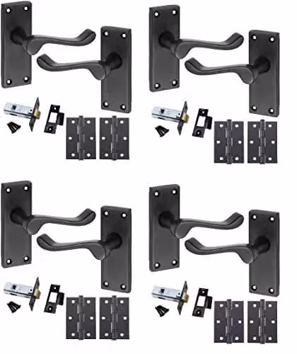 Golden Grace Victorian Scroll Door Handles Latch Pack in Matt Black, 4 Sets