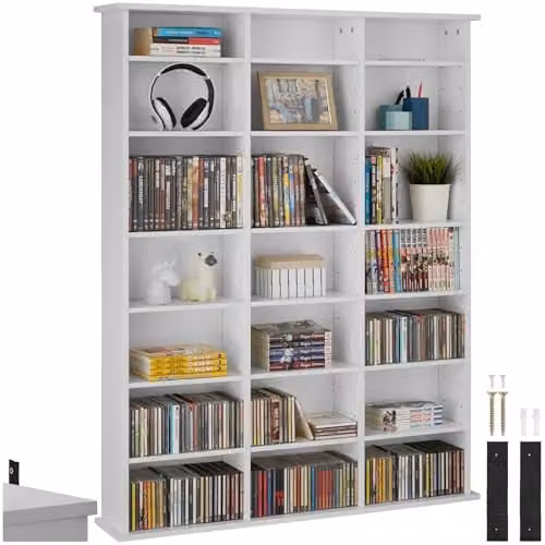 tectake CD Storage Unit in Matt White with Height-Adjustable Shelves and Media Compartments
