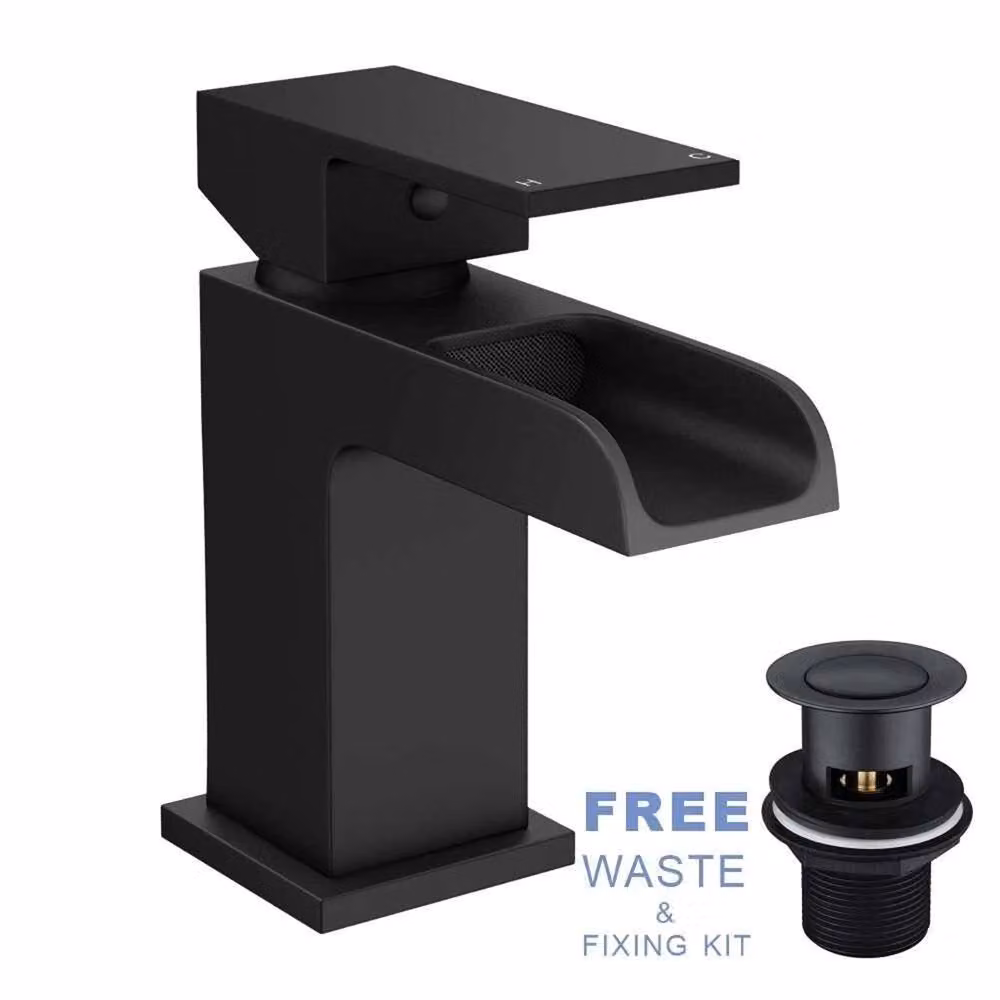 Nordara Matt Black Square Waterfall Basin Mixer Tap with Pop-up Waste – 3