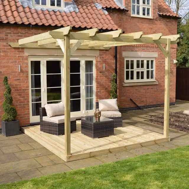 Rutland County Garden Furniture Ltd Wall Mounted Lean-to Garden Pergola and Decking Kit, Brown and Green, W: 420 cm, L: 420 cm