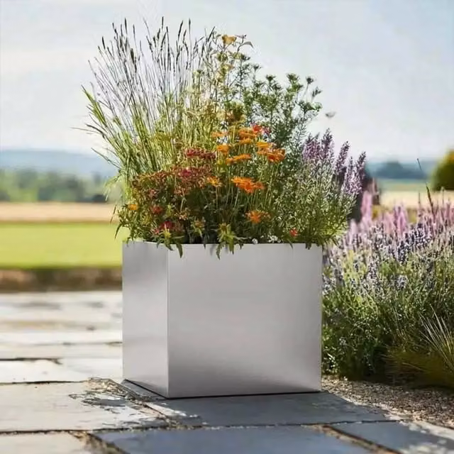 Silver Galvanised Steel Woven Wood Square Planter Tub, Diameter: 30 cm