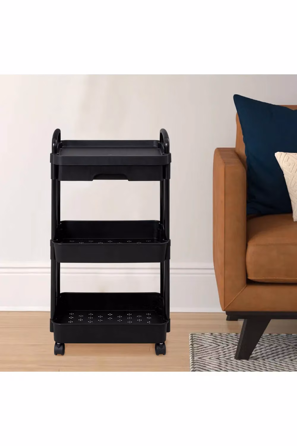 Living and Home 3-Tier Rolling Kitchen Trolley with Drawer and Lockable Wheels in Black – 2