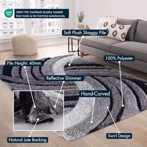 Desire Rugs Modern Grey Wave Shaggy Area Rug, W: 120 cm, D: 170 cm – 7